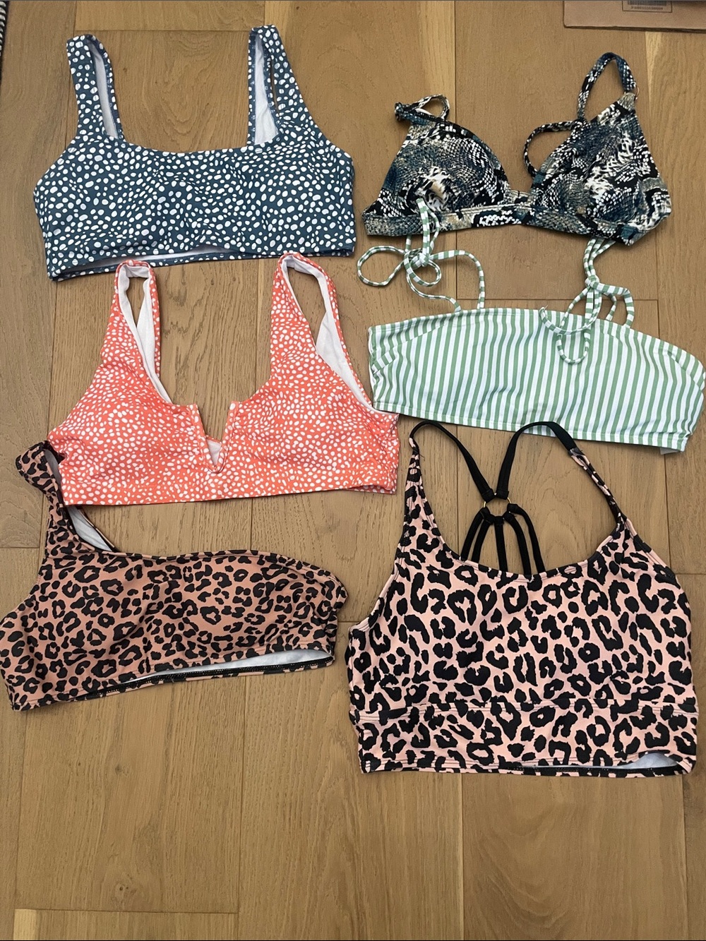 Mixed Pattern Bikini Tops Set - Coral, Green, Navy, Pink Leopard, snake